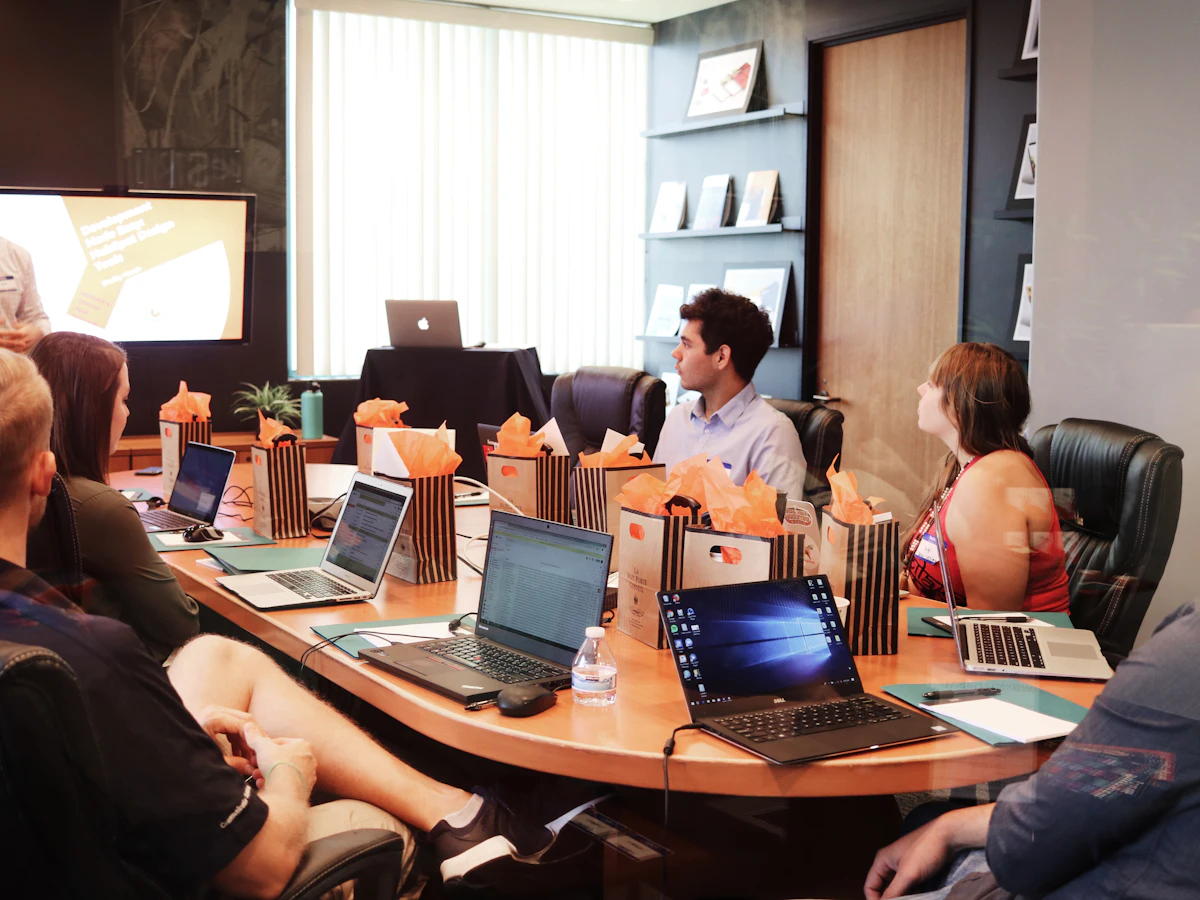 Meeting with a presentation in a conference room