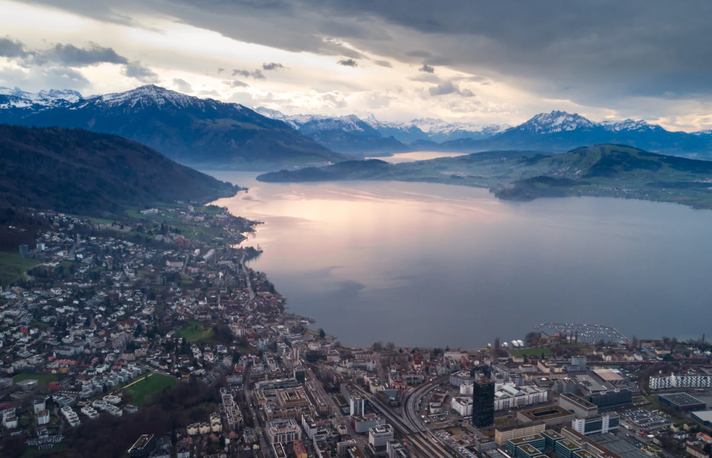 Aerial view of Zug on Lake Zug at dusk